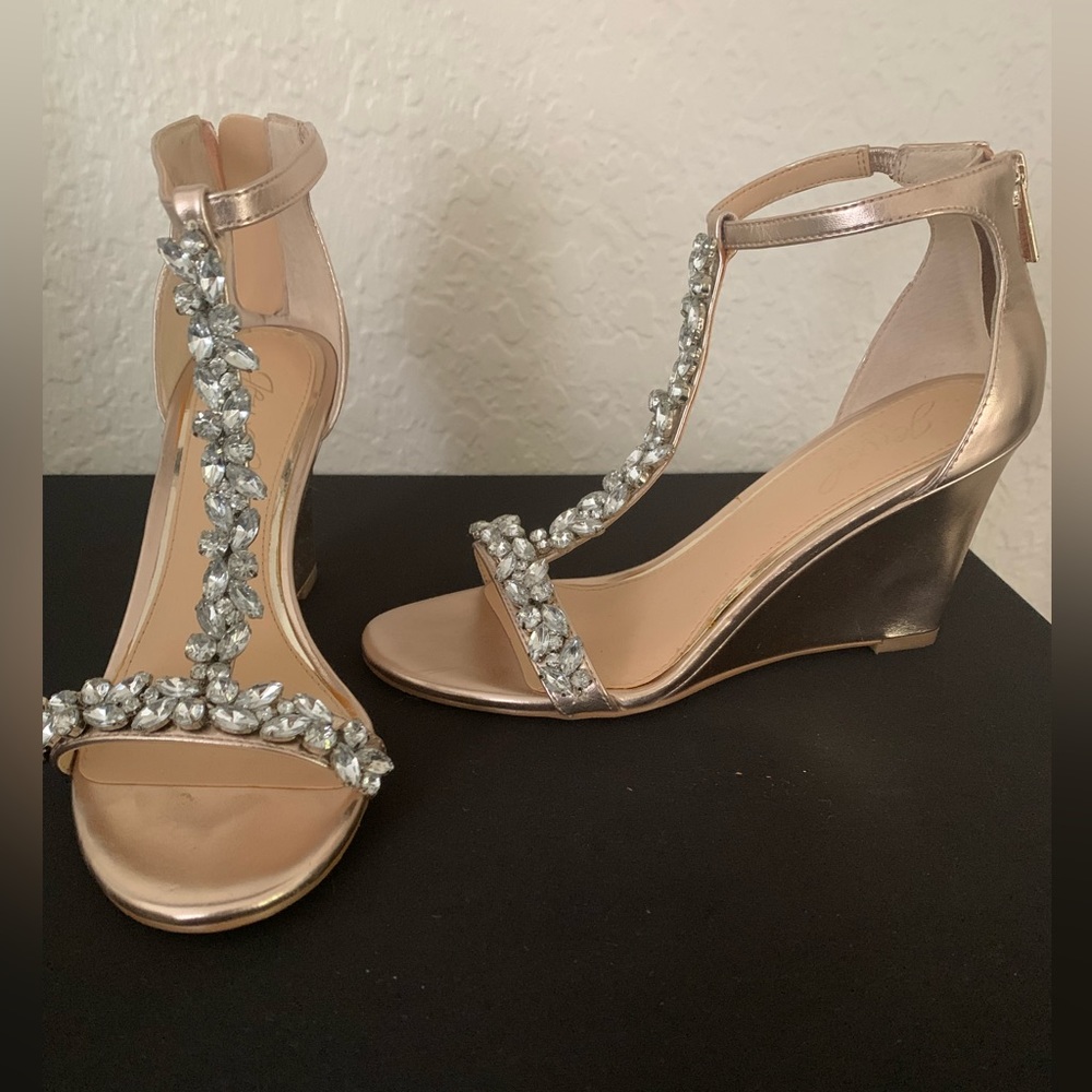Jewel Badgley Mischka. Gold and Rhinestones Wedge Sandals Size 5
